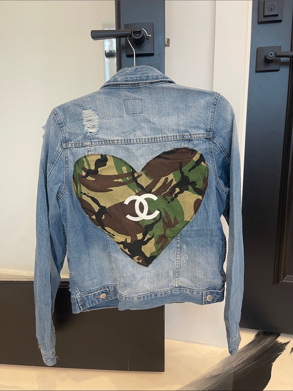 NWT Light Blue Denim Jacket with Camouflage Heart Patch